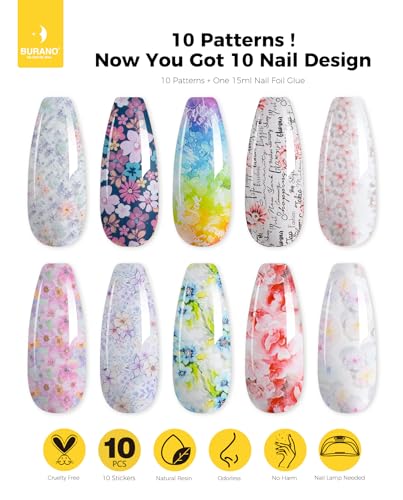 BURANO Nail Art Nail Foil Glue Gel, o.5 oz with 10PCS Foil Stickers Set Nail Foil Glue for Nails Foil Transfer Gel, Nail Design DIY UV LED Lamp Required (Flower Foil 11) - color: Flower Foil 11