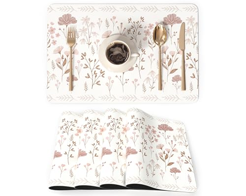QIYI Placemats Set of 6, 12x18 Inch Faux Leather Place Mats for Kitchen Dinning, Heat Resistant Anti Slip Floral Table Mats, Waterproof Wipeable Washable Placemat Party Beige Table Décor, Pink Flowers - color: Pink Flowers, size: Set of 6