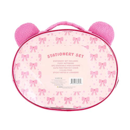VOTUM Fuzzy Bear Stationery Gift Set for Kids – Plush Notebook, Stackable Highlighters, Click Pens, Sticky Notes & Erasers – Cute Pink Writing Supplies Case - color: Bows & Bears