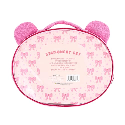 VOTUM Fuzzy Bear Stationery Gift Set for Kids – Plush Notebook, Stackable Highlighters, Click Pens, Sticky Notes & Erasers – Cute Pink Writing Supplies Case - color: Bows & Bears