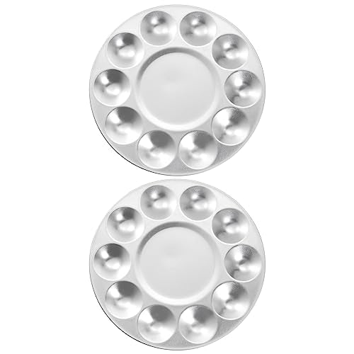 HARFINGTON 2pcs Aluminum Round Paint Mixing Pallet, 10 Wells, Silver, 6.7" x 3.35" - Paint Palette Tray for Acrylic, Oil, Watercolor, Gouache