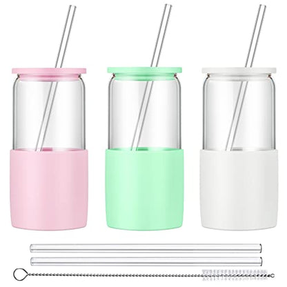 Sunseeke Glass Tumbler with Straw and Lid, 16oz Ice Coffee Cup, Silicone Sleeve Cleaning Brushes, Drinking Glasses for Water, Iced Coffee, Smoothie - BPA Free -3 Pack - color: White, A true pink, Light green