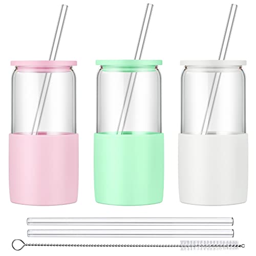 Sunseeke Glass Tumbler with Straw and Lid, 16oz Ice Coffee Cup, Silicone Sleeve Cleaning Brushes, Drinking Glasses for Water, Iced Coffee, Smoothie - BPA Free -3 Pack - color: White, A true pink, Light green