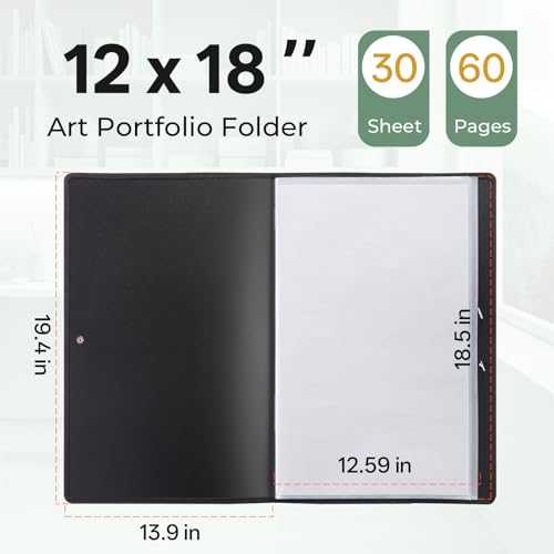 Nicpro 12"x18" Art Portfolio Folder, 30 Pockets Display 60 Pages Art Painting Portfolio Binder with Clear Plastic Sleeves, Presentation Storage Book for Artists Artwork Drawing - (Black) - size: 12"x18"
