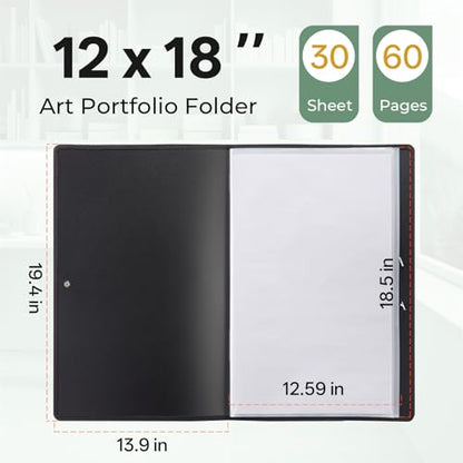 Nicpro 12"x18" Art Portfolio Folder, 30 Pockets Display 60 Pages Art Painting Portfolio Binder with Clear Plastic Sleeves, Presentation Storage Book for Artists Artwork Drawing - (Black) - size: 12"x18"