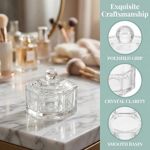 Hexagonal Crystal Glass Pen Cleaning Cup with Lid - 2 Pack Dappen Dish for Nail Art, Calligraphy, Brush and Ink Washing - Artist & Nail Tech Supplies