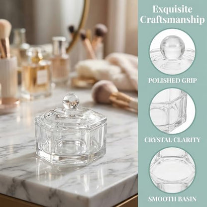 Hexagonal Crystal Glass Pen Cleaning Cup with Lid - 2 Pack Dappen Dish for Nail Art, Calligraphy, Brush and Ink Washing - Artist & Nail Tech Supplies