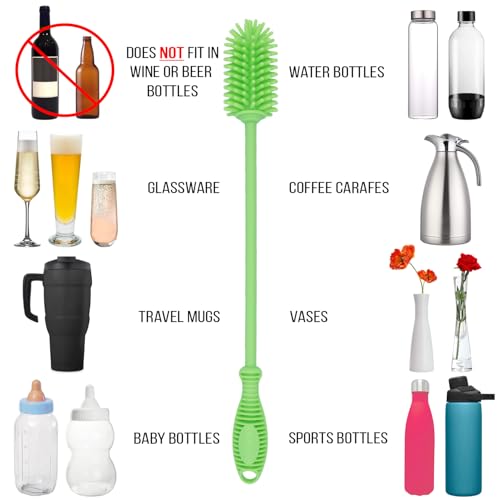 Kitchiny Silicone Bottle Brush with 2 Straw Cleaners - 12.5” Water Bottle Cleaner Brush for Yeti, Hydro Flask, Owala, Stanley, Baby Bottles, Glassware, Vases & Narrow Neck Containers - Green - color: Green