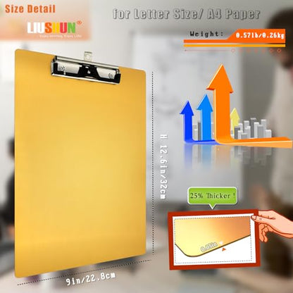 Aluminum Metal Clipboard Stainless Hangable Pen Holder Low-Profile Clip Board Size A4 9" x 12.6" with Sticky Note for School Office Business Medical Professionals Workshop Factory (Gold, Aluminum-A4) - style: Gold