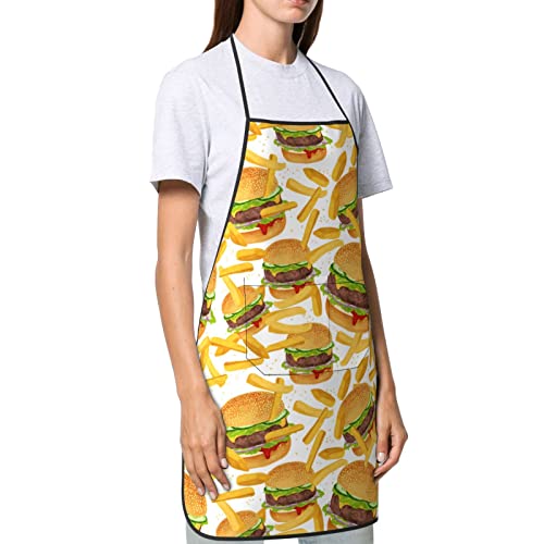 Mexican Floral Aprons, Waterproof Adjustable Apron for Kitchen Bbq with 2 Pockets, Gifts for Women Men - color: Delicious Burger and Fries
