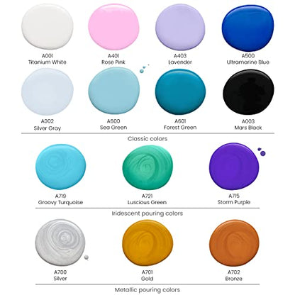 ARTEZA Acrylic Pouring Kit – 14 High-Flow Paints, 2 Stretched Canvases, 2 Wooden Slices, Glitter, Palette Knives & Craft Tools for Acrylic Pouring Projects