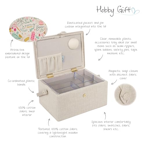 Hobby Gift Medium Sewing Box Organiser, Fabric Covered Storage Box with Handle, Internal Tray, Pin Cushion and Pocket for Sewing, Quilting and Knitting Supplies - color: My Sewing