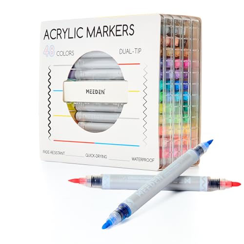 MEEDEN Artist Acrylic Paint Markers: 48 Colors Dual Tip Acrylic Marker with Brush & Round Tip - Waterproof Paint Pens Markers with Automatic Ink Control for Wood, Canvas, Glass, Rock, DIY, Ceramic - color: 48 Colors