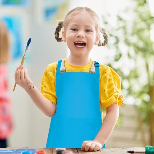 10 Pack Kids Apron Children Apron Adjustable with 2 Pockets Kids Chef Painting Aprons for Cooking Baking Painting Crafts Making (Blue) - color: Blue
