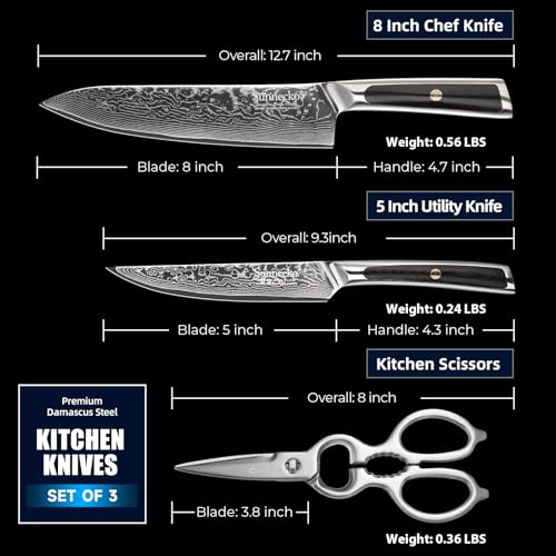Sunnecko Kitchen Knife Set of 3, Chef Knife Set Damascus Steel Knives Set for Kitchen Sharp VG10 Corn, Full Tang with Gift Box - size: Set of 3-8 Inch