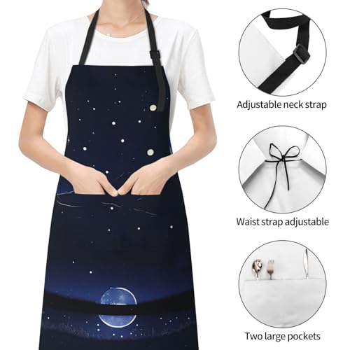 Round watercolor painting Heavy Duty Waterproof Apron with Pockets for AdultsResistant Grilling, Gardening, Painting - color: Serene Blue Night View