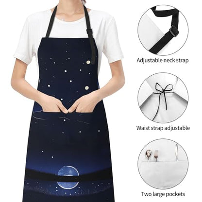 Round watercolor painting Heavy Duty Waterproof Apron with Pockets for AdultsResistant Grilling, Gardening, Painting - color: Serene Blue Night View
