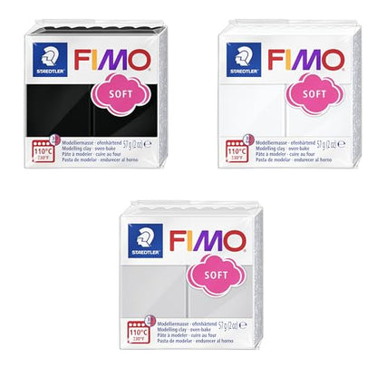 STAEDTLER FIMO Soft Polymer Oven Modelling Clay - Most Popular Colours - 57g - Black, White, Dolphin Grey - Pack of 3