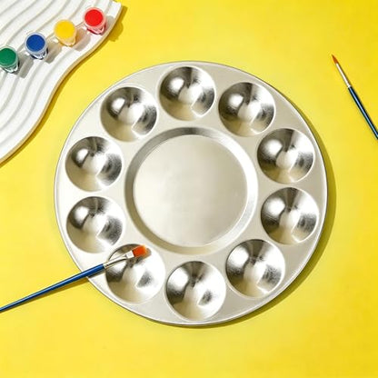 JKJF 2 Pcs Round Paint Tray Palettes, Metal 10 Well, for Artist Watercolours DIY Craft Professional Art Painting