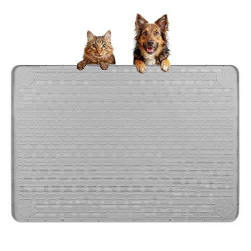 Dog Food Mat 34''x22'' Extra Large Dog Mat for Food and Water, Light Grey | Silicone Dog Bowl Mat with Raised Edge, Waterproof Non-Slip Pet Feeding Mat for Floors, fit for Dog Cat Bowls - color: Light Grey, size: 34"L x 22"W