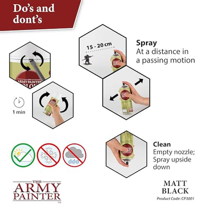 The Army Painter, Base Primer Matt Black, 400 mL Acrylic Spray Primer, Spray Paint Basecoat for Miniature Priming, Tabletop Roleplaying, Boardgames, and Wargames modelling - color: Matt Black