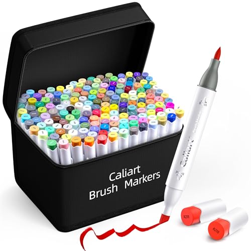 Caliart 168 Colors Alcohol Markers Brush Tip & Chisel, Dual Tip Art Markers Set for Adults Coloring Book Artists Sketch Illustration, with Case Permanent Colored Pen Art Supplies Drawing Gifts - color: White, size: 1 Count (Pack of 168)