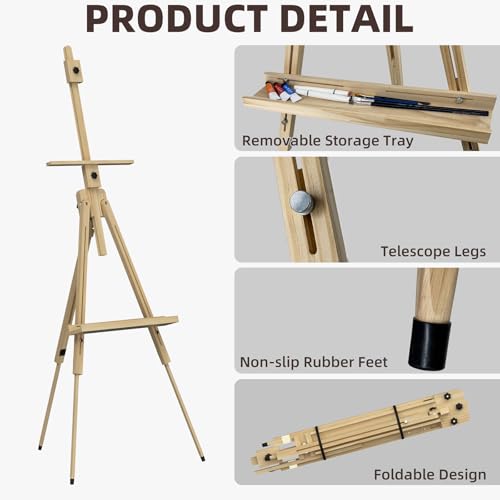 Tripod Portable Standing Wooden Easel for Painting | Adjustable Foldable Art Easel for Kids, Adults, Stuedent, Hold 1 or 2 Canvas up to 60'', Suitable for Sketching, Oil