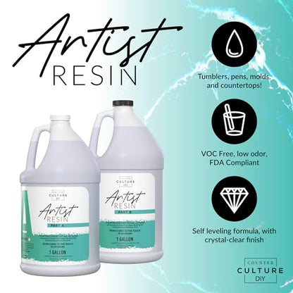 Counter Culture DIY Clear Artist Resin, 2 Gallon Kit, Art Epoxy Supplies for Metallic Stains Acrylic 100% Solids Easy Coat No VOCs Scratch UV Heat Resistant 500 Degrees - size: 2 Gallon Kit