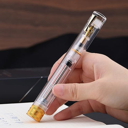 erofa Majohn V1 Vacuum Filling Fountain Pen Extra Fine Nib, Transparent Acrylic Demonstration Writing Gift Pen with Box (Golden Clip) - color: Extra Fine Nib (Golden Clip)