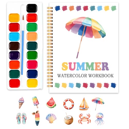 Easy Summer Holiday Watercolor Workbook, Water Coloring Book, 12 Patterns, 18 Colors Watercolors Paint Set, Watercolor Kit for Beginners, Relaxing DIY Art Gift for Adults Women Teen - color: summer