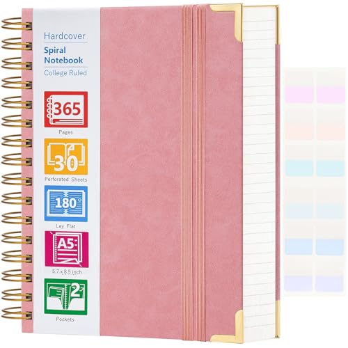 Spiral Notebook, 365 Page Hardcover Leather Notebook Journal, Large A5 Lined Journal for Women Men, College Ruled Notebooks for Work School, Journals for Writing, 24pcs Index Tabs, 5.5" x 8.5", Pink - color: Pink, size: 5.5" x 8.5"