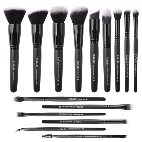 Raffaello Makeup Brushes 15Pcs Makeup Brush Set Premium Synthetic Powder Foundation Contour Blush Concealer Eye Shadow Blending Liner Make Up Brush Kit - color: Black