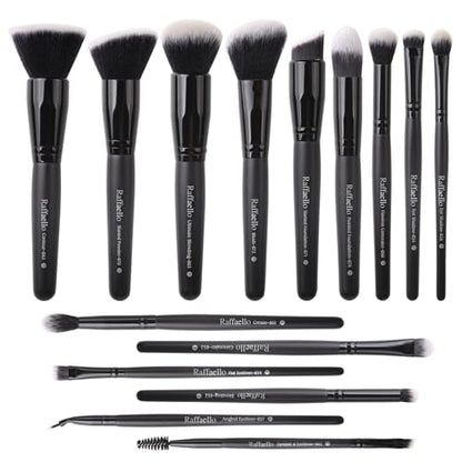 Raffaello Makeup Brushes 15Pcs Makeup Brush Set Premium Synthetic Powder Foundation Contour Blush Concealer Eye Shadow Blending Liner Make Up Brush Kit - color: Black