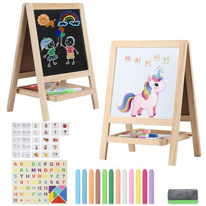 Tabletop Painting Wooden Art Easel for Kids - 4-in-1 Double-Sided Drawing Board for Toddlers 2-4, Chalkboard & Dry Whiteboard with Markers, Eraser, Magnetic Letters/Numbers & Flashcards