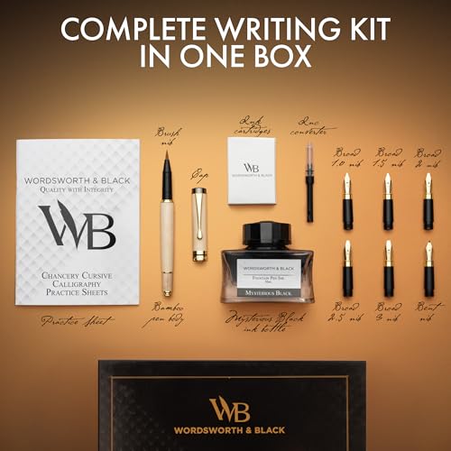 Wordsworth & Black Calligraphy Pen Gift Set, Includes Ink Bottle, 6 Cartridges, Refill Converter, 6 Replacement Nibs, Luxury Bamboo, Journaling, Smooth Writing Pens [Maple Wood] - color: Maple Wood