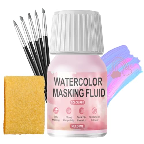 WANJAO 30MLMasking Fluid for Watercolor Painting Fast Drying Easy Peel Use | Liquid Masking Tape with Silicone Pens Cleaning Brush for Painting Art Watercolor Supplies Retouching Covering, Red - color: Red