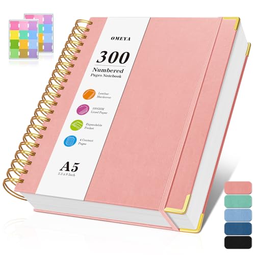 Spiral Notebook, 300 Numbered Pages Notebooks College Ruled with Contens, 100GSM Thick Journal for Women Men, Hardcover Leather Lined Journal for Writing, Large A5 Notebooks for Work School, 6" x 8" - color: Pink, size: A5