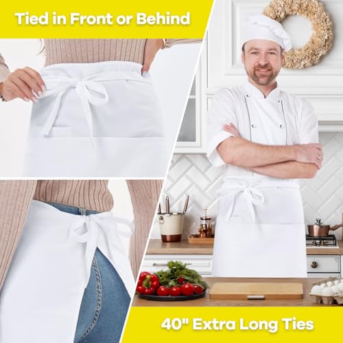 ROTANET Long Server Apron Black with 3 Pockets Bistro Half Aprons for Men Women Waiter Waitress Chef 28 Inch Waterproof - color: White