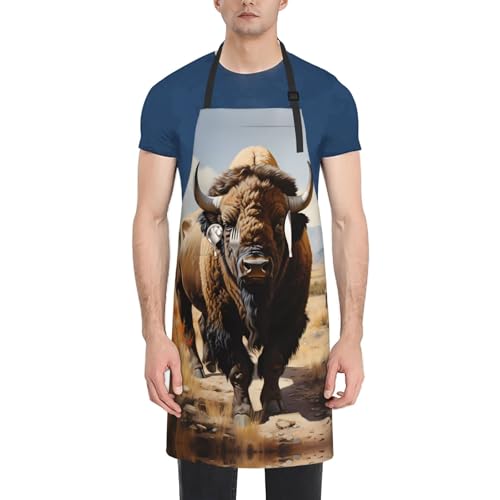 Prancing Brown Horse Heavy Duty Waterproof Apron with Pockets for AdultsResistant Grilling, Gardening, Painting - color: North American Bison Herd