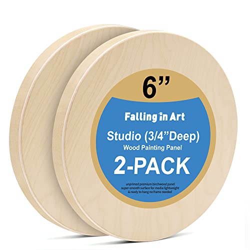 Falling in Art Unfinished Round Birch Wood Panels Kit for Painting, Wooden Canvas 2 Pack of 6 Studio 3/4" Deep, Cradle Boards for Pouring, Art, Crafts, Burning and More - size: 6' round 2 Pack