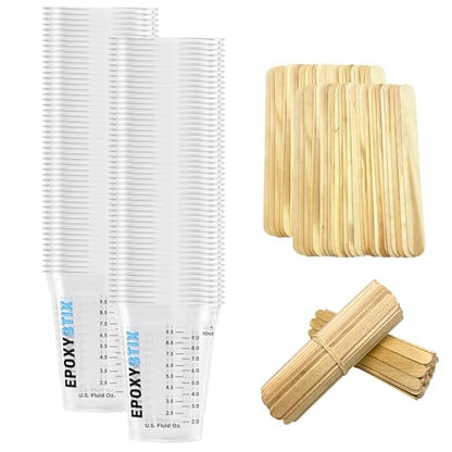 [50 Pack] 12oz Graduated Mixing Cups with 100 Mixing Sticks – 50 Flat Stir Sticks & 50 Paddle Stirrers – Clear Plastic Cups with oz/mL Markings – for Epoxy, Resin, Paint, and Crafts - size: 50 Count