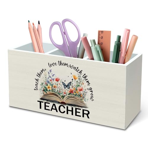 DILSJ Para Appreciation Gifts Pencil Holder Organizer for Desk, Thank You Teacher Gift, Teach Them Love Them Watch Them Grow Wooden Box Signs for Book Lovers Gifts Desk Tabletop School Supplies - color: Flower-1