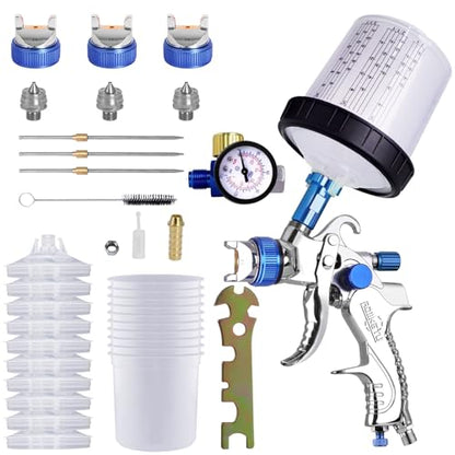HVLP Paint Gun with 1.4/1.7/2.0mm Nozzles,Air Spray Paint Gun w/10pcs 20 Ounce Mixing Cup and Lids & Air Pressure Gauge for Car Painting,Furniture Surface Spraying (Blue) - color: Blue