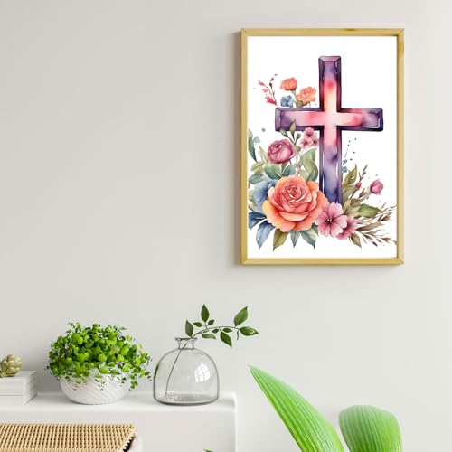 Ginkko Paint by Numbers Kit for Adults Beginner & Kids Ages 8-12 with Wooden Frame Easy Acrylic on Canvas 8x12 inch with Paints and Brushes, Cross and Flower(Include Framed) - color: CrossFlower framed, size: 8x12 Inch