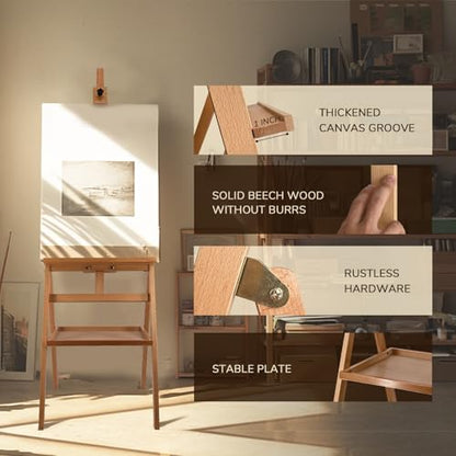 Solid Beech Wood Painting Easel with Storage Plate (60"~75" H), H-Frame Adjustable Art Wooden Easel Stand with Signature Plate for Adults, Students,Sturdy Canvas Holder up to 36'' - style: Easel Plate