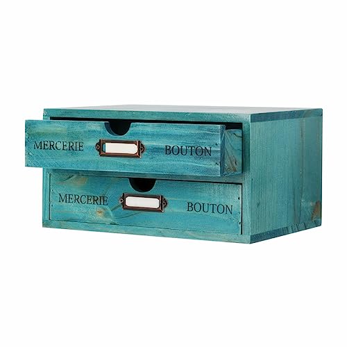 Wooden Storage Box Rustic Desktop Organizer with 2 Drawers Office Desk Accessories Shelf Small Craft Storage Containers Apothecary Cabinet and Chest Jewelry Holder for women(BLUE) - color: BLUE-SMALL02