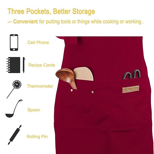 Kitchen Cooking Apron for Women Men with Big Pockets Canvas Waterproof Aprons for Server Pottery Artist Chef Apron - color: Red