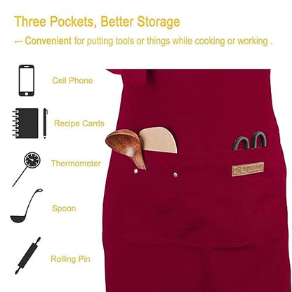 Kitchen Cooking Apron for Women Men with Big Pockets Canvas Waterproof Aprons for Server Pottery Artist Chef Apron - color: Red