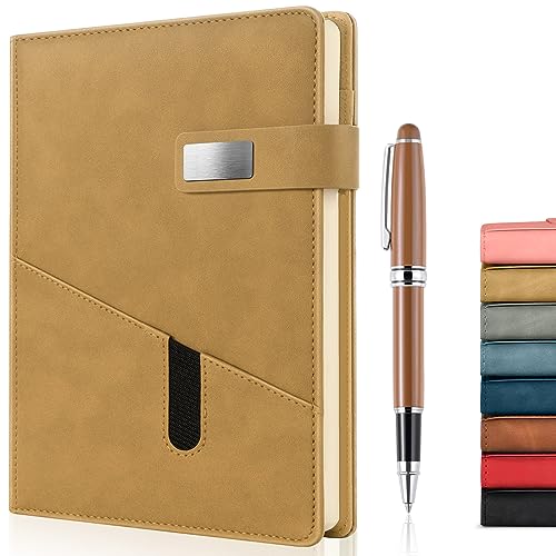 A5 Lined Leather Journal with Pen, 240 Pages Refillable Hardcover Notebook with Pocket and Magnetic Buckle, 80gsm Thick Daily Diary for Men and Women, Great Gift for Business School Travel Personal - - color: Khaki, size: A5 Lined Paper