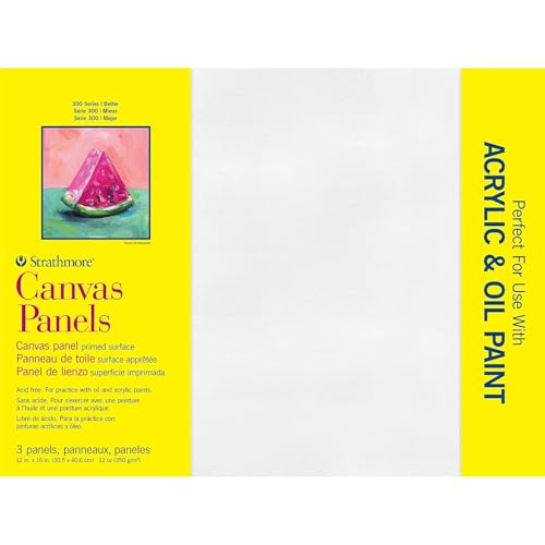 Strathmore 300 Series Artist Canvas Panels, 12x16 inches, White Pre-Primed, 3 Pack - 100% Cotton Surface for Acrylics & Oil Paints - size: 12x16